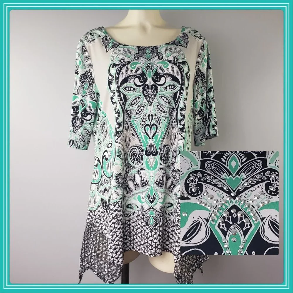 Valerie Stevens embellished top rhinestone stretch short sleeve asymmetr… - Picture 1 of 10